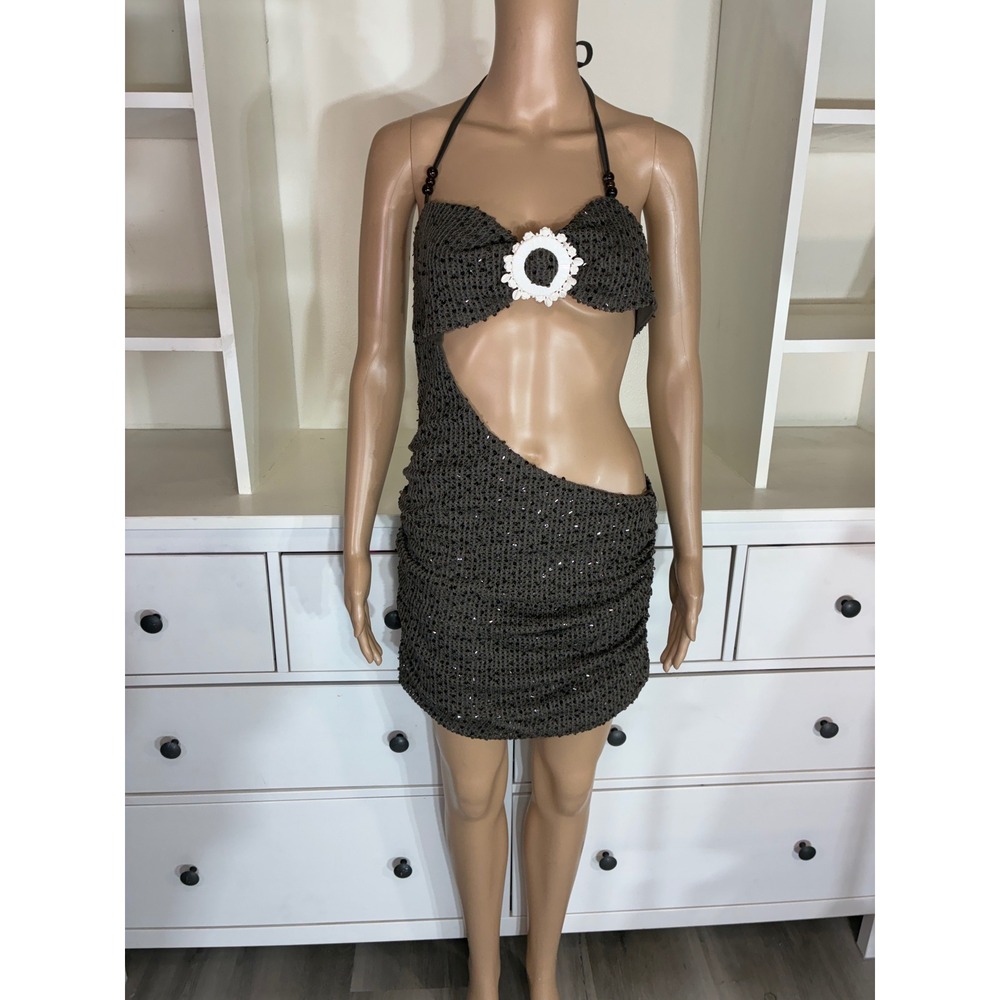 Outcast Pierre Mini Dress Women XL Chocolate Brown Sequin Crochet Halter Cutout